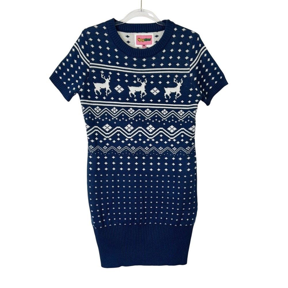 Tipsy Elves Reindeer Sweater Dress Women's Size Large Fair Isle Christmas